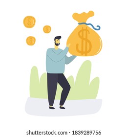 Man Holding Big Money Bag, Businessman, Cash, Savings, Investments, Financial Literacy, Bank Deposit Concept. Flat Illustration.