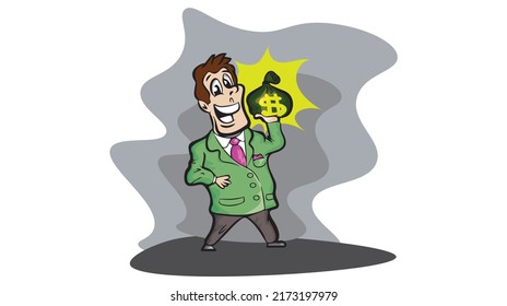 Man holding big money bag, businessman, cash, savings, investments, financial literacy, Bank Deposit concept. Flat illustration.