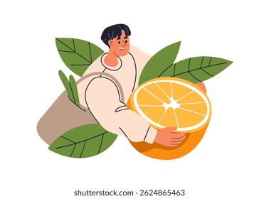 Homem segurando grande fruta laranja natural. Conceito ecológico de compras de supermercado. Pessoa feliz com a vitamina orgânica saudável fresca cítricos, comida de verão. Ilustração de vetor plano isolada no plano de fundo branco