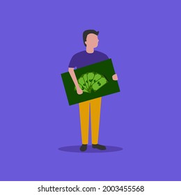 Hombre sosteniendo papel grande e icono del dinero en dólares. Hombre sosteniendo un papel.