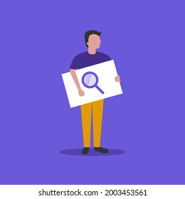Hombre sostiene papel grande y un icono de seo y lupa. Hombre sosteniendo un papel.