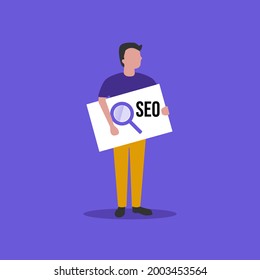 Hombre sostiene papel grande y un icono de seo y lupa. Hombre sosteniendo un papel.