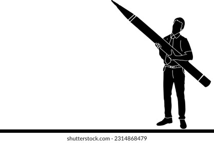 Man Holding a Big Pencil with Creativity, Creative Expression, Art Silhouette of a Man with a Sizeable Pencil.