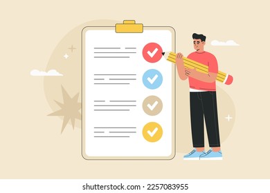 Man holding a big pencil and making notes on a checklist fixed to clipboard. Successful completion of business tasks. Hand drawn vector illustration isolated on light background in flat cartoon style.