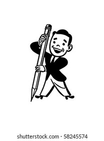 Man Holding Big Pencil - Retro Clip Art