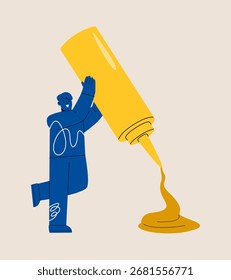 Hombre que sostiene la botella plástica grande de la salsa y exprime la mostaza. Ilustración vectorial colorida
