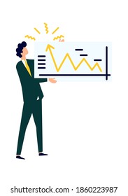 Man holding a big poster with a graph of growth, presentation of an idea, startup, cartoon vector illustration, flat icon