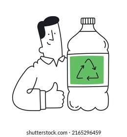 Man holding big recyclable bottle. Waste recycling, waste sorting, re-use of plastic materials. Outline, linear, thin line, doodle art. Simple style with editable stroke.