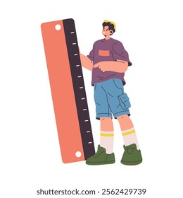 Man holding big ruler in hand, stationery tool for measuring, measurement equipment. Vector guy with device to measure length, huge object for geometry lessons, flat cartoon illustration