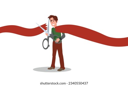 man holding big scissors and cutting a red stripe. vector illustration.