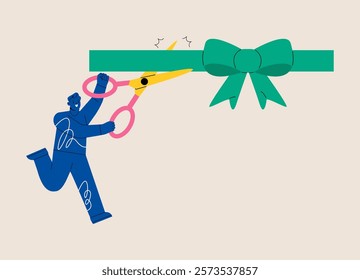 Man is holding big scissors cutting ribbon. Grand opening concept. Colorful vector illustration
