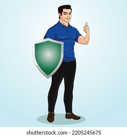 Man holding a big shield mascot Illustration.