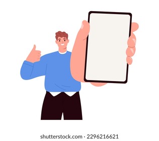 Hombre sostiene un smartphone grande con pantalla en blanco en la mano. Ilustración vectorial plana aislada en fondo blanco
