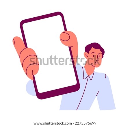Man holding big smartphone with blank screen in hand.