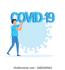 Man holding big text covid-19. Virus epidemic, global pandemic concept. Vector modern blue colors flat illustration. 