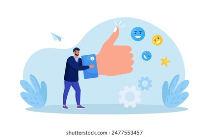 Man holding big thumb up. Customer review rating or evaluation. People give feedback. Client choice. Business satisfaction support. User experience or satisfaction, opinion for product or services