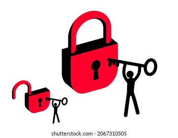 Hombre con una gran ilustración de estilo vectorial de bloqueo de candado de llave llave llave llave en mano aislado en fondo blanco.