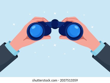 Man Holding Binocular in Hand and Looking Far Ahead. Person is Watching Someone Closely. Observation, Discovery, Future concept. Search Engine or Research, Web Surfing. Vector illustration