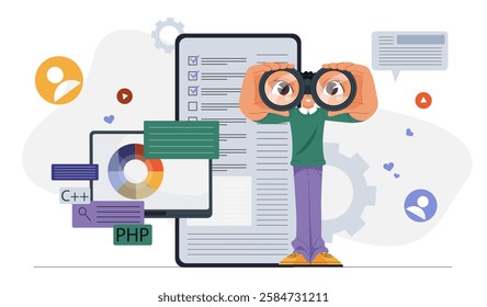 A man holding binoculars examines data, charts, and programming elements on a digital interface, symbolizing analysis and information search