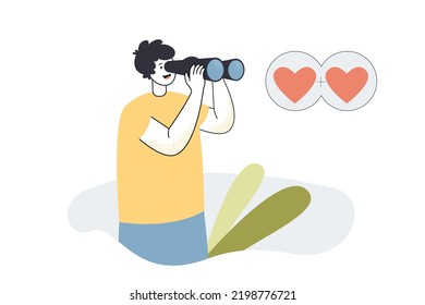 Man holding binoculars and watching red hearts. Funny person looking for love and romantic relationship flat vector illustration. Valentines day concept for banner, website design or landing web page