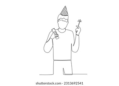A man holding a birthday candle. Birthday party one-line drawing
