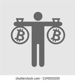 Man holding bitcoin bag icon. Simple isolated illustration.
