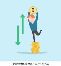Man holding bitcoin. Cryptocurrency concept. Vector illustration.