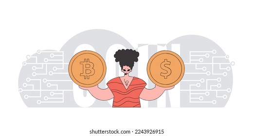 Man holding bitcoin and dollar. The concept of interaction with digital monetary assets.