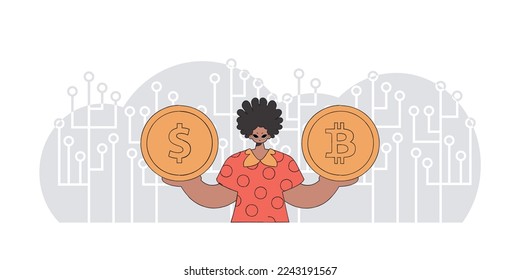 Man holding bitcoin and dollar. Cryptocurrency concept.