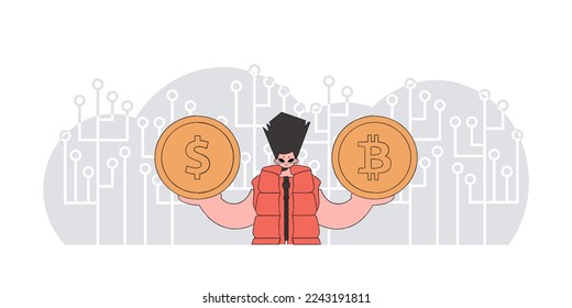 Man holding bitcoin and dollar. Cryptocurrency theme.