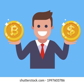 man holding bitcoin and dollar in his hands. currency exchange. flat vector illustration.