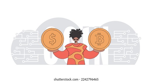 Man holding bitcoin and dollar. Theme of interaction with digital monetary assets.