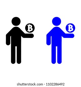 The man is holding bitcoin icon, isolated on white background