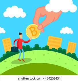 Man holding Bitcoin. Vector illustration 