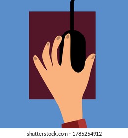 El hombre sostiene un ratón de computadora negro en su mano izquierda.Día del 13 de agosto de 2014.Aislado en un fondo azul.Concepto del día internacional de los zurdos.Ilustración vectorial