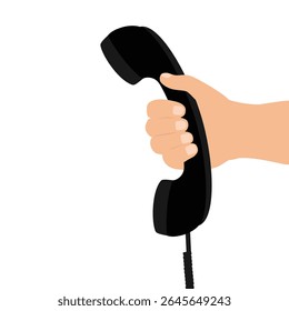 Homem segurando fone preto isolado no fundo branco. Receptor de telefone retro de retenção masculino com cabo de extensão. Ilustração vetorial