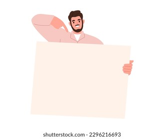 Hombre con carteles publicitarios en blanco. Ilustración vectorial plana aislada en fondo blanco
