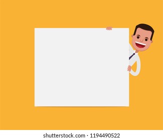 Man holding blank banner, flat vector illustration