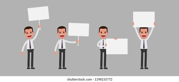 Man holding blank banner, flat vector illustration, character set