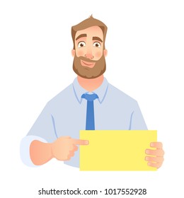 Man holding blank banner. Man pointing at blank poster. Vector set