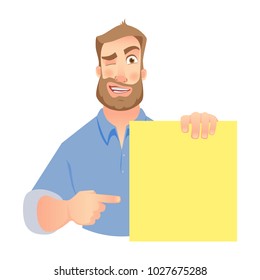 Man holding blank banner. Winking businessman pointing to banner. Vector illustration set