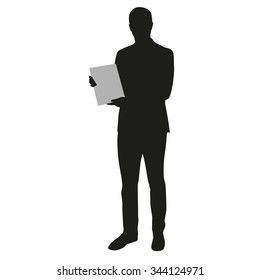 Man holding blank board, banner. Presentation, vector silhouette