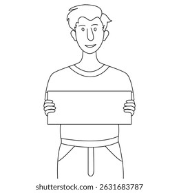 A man holding a blank board. A cartoon outline illustration of a man with a board for copy. A smiling man black and white line drawing.