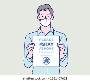 A Man holding blank board in his hands and he wearing protective mask. Infection control concept. Hand drawn in thin line style, vector illustrations.