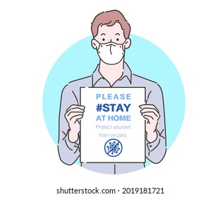 A Man holding blank board in his hands and he wearing protective mask. Infection control concept. Hand drawn in thin line style, vector illustrations. (A Mask can be removable)
