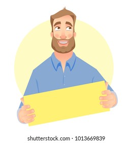 Man holding blank card. Businessman holding business card. Vector illustration
