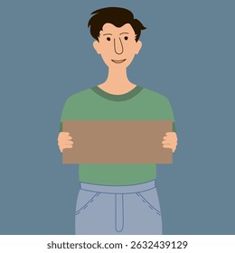 A man holding a blank cardboard for a copy. An illustration of a casually dressed man with a board for a sign.