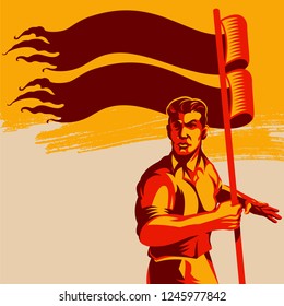 Man holding blank flag vector illustration. Political protest activism patriotism. Revolution raising The Flag	