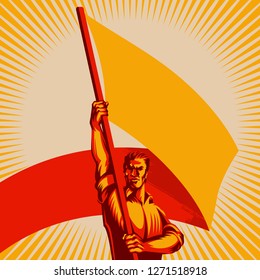 Man holding blank flag vector illustration. Political protest activism patriotism. Revolution raising The Flag.	