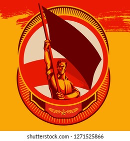 Man holding blank flag vector badge illustration. Political protest activism patriotism. Revolution raising The Flag.	